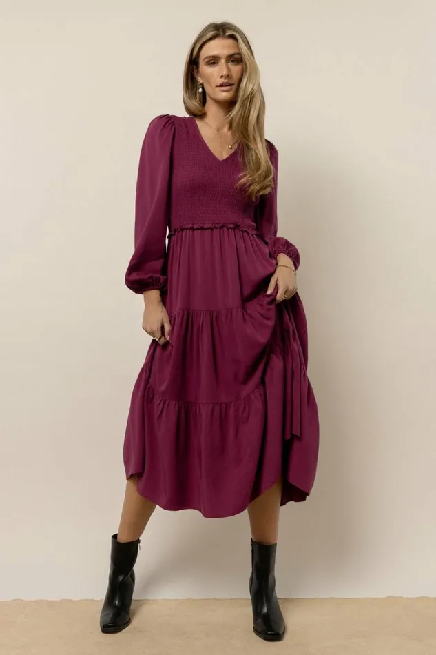 Smocked Tiered Midi Dress In Fuchsia Fuchsia Women Bohme Dresses