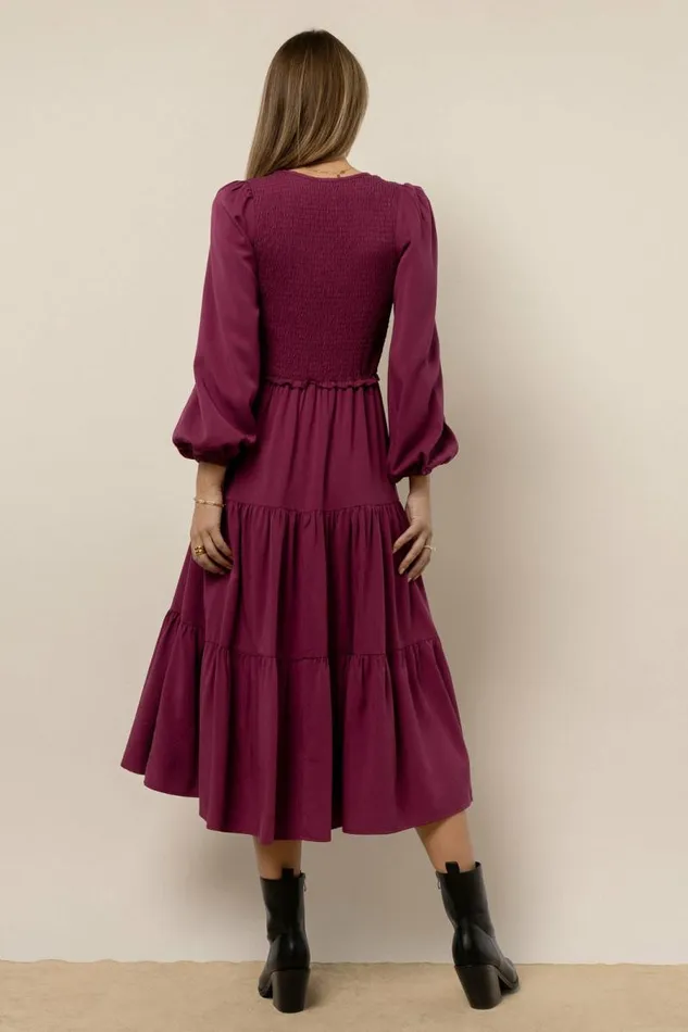 Smocked Tiered Midi Dress In Fuchsia Fuchsia Women Bohme Dresses