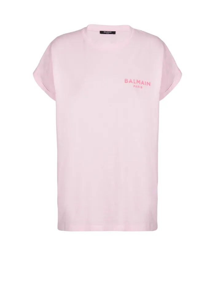 Tshirt With Flocked Paris Logo Pink Women Balmain TShirts
