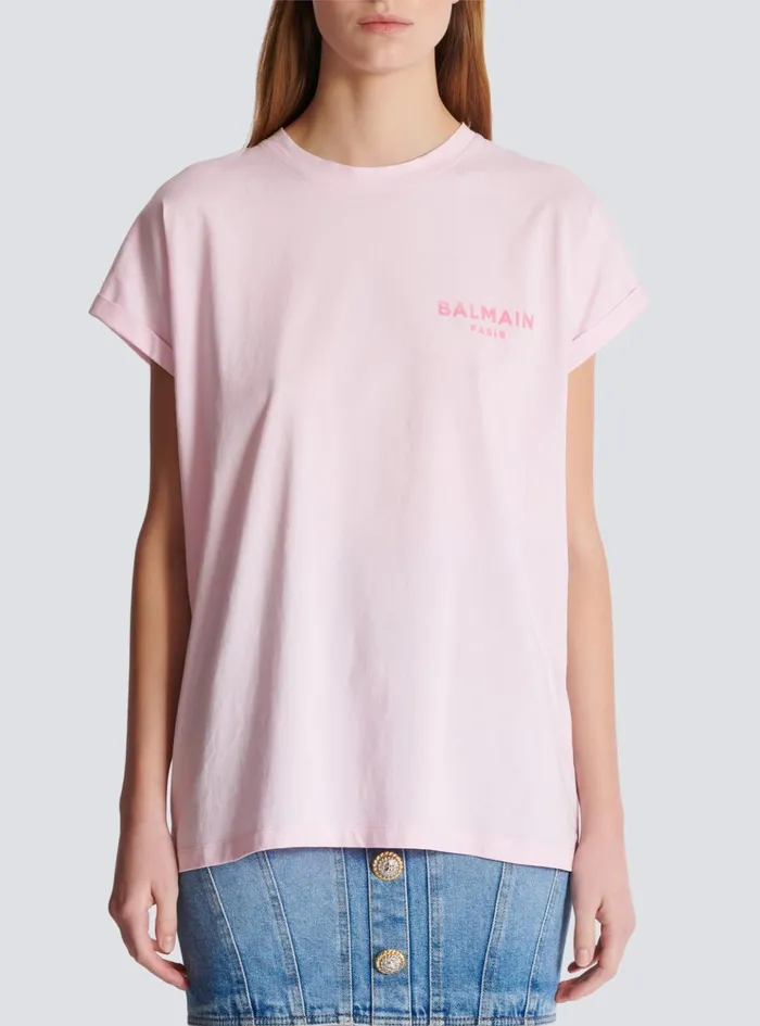 Tshirt With Flocked Paris Logo Pink Women Balmain TShirts