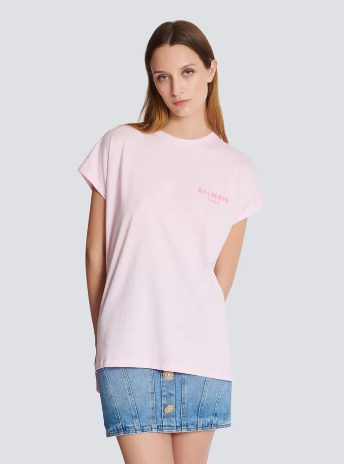 Tshirt With Flocked Paris Logo Pink Women Balmain TShirts