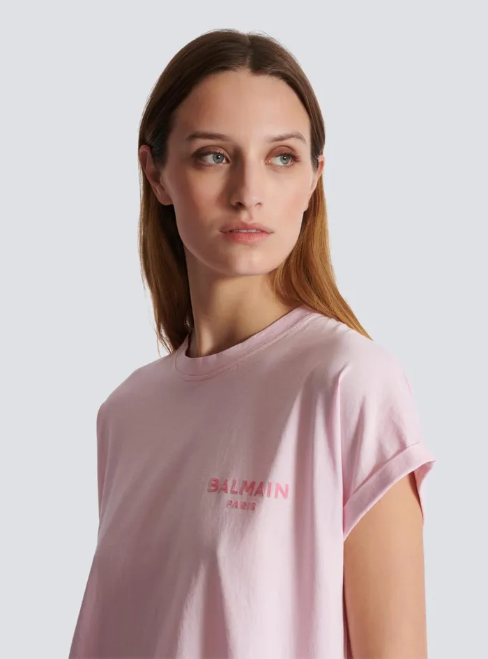 Tshirt With Flocked Paris Logo Pink Women Balmain TShirts