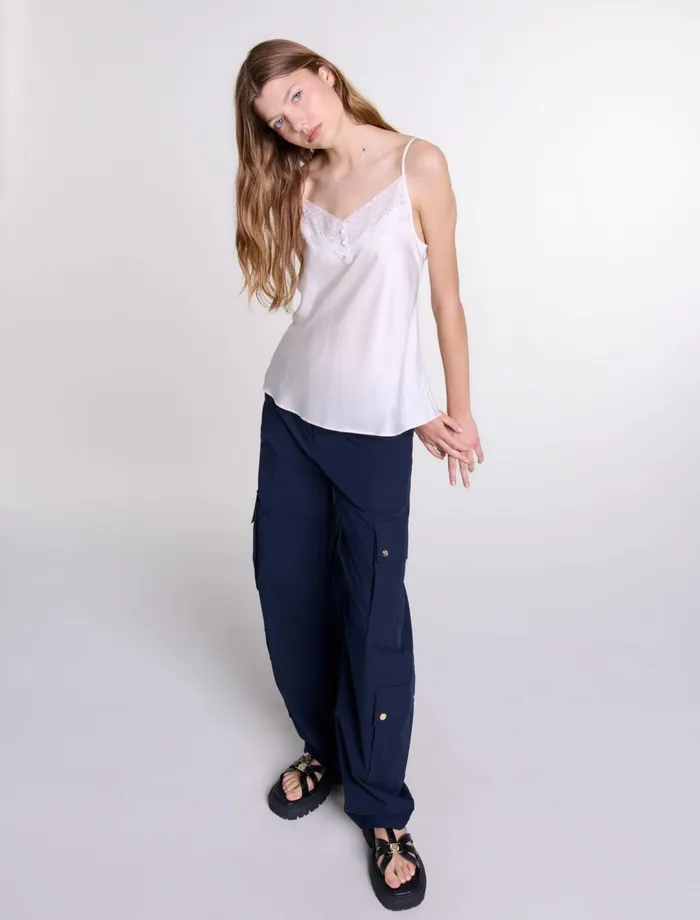 Tops and Shirts Women Maje Silk Satin And Lace Top White