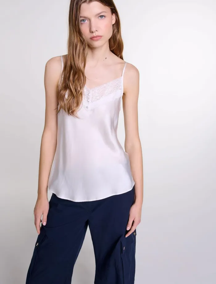 Tops and Shirts Women Maje Silk Satin And Lace Top White