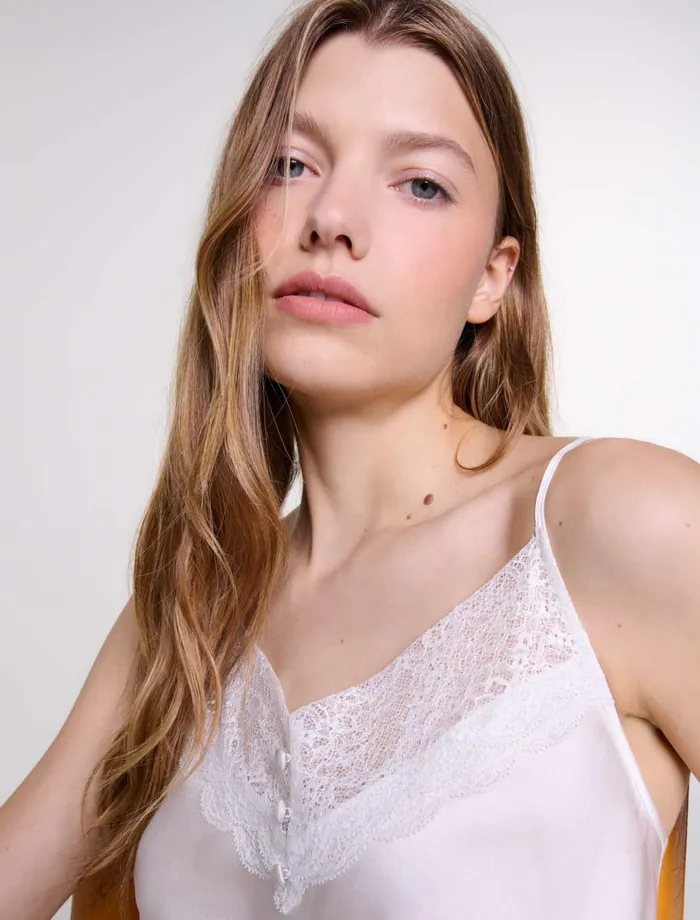 Tops and Shirts Women Maje Silk Satin And Lace Top White