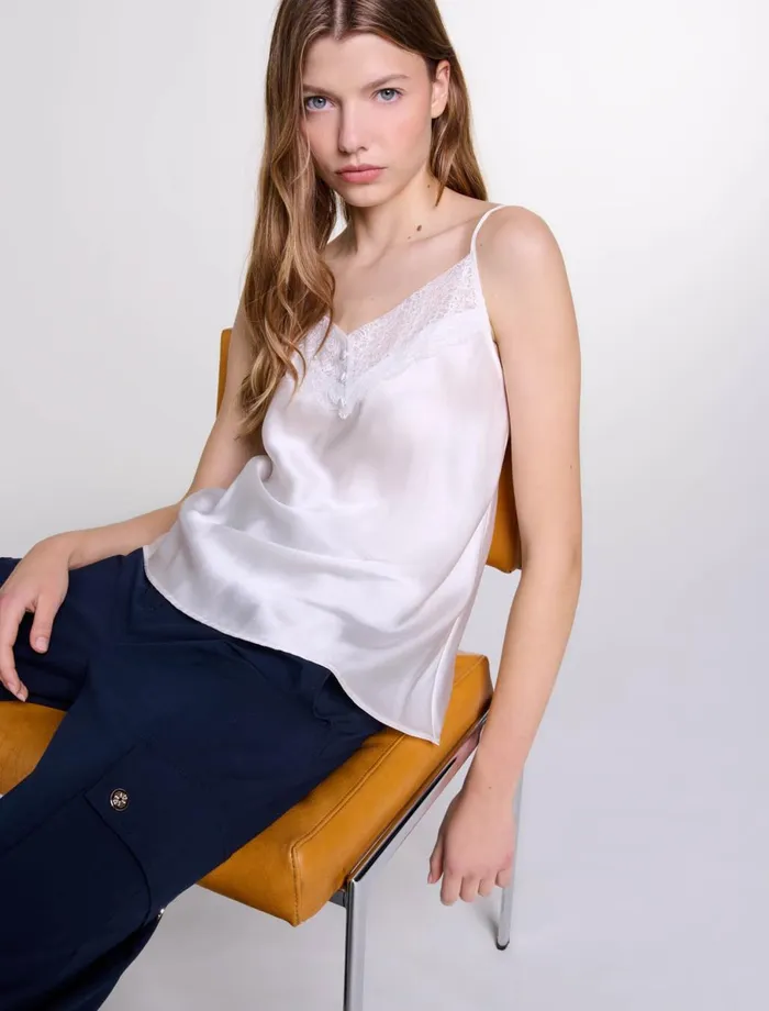 Tops and Shirts Women Maje Silk Satin And Lace Top White