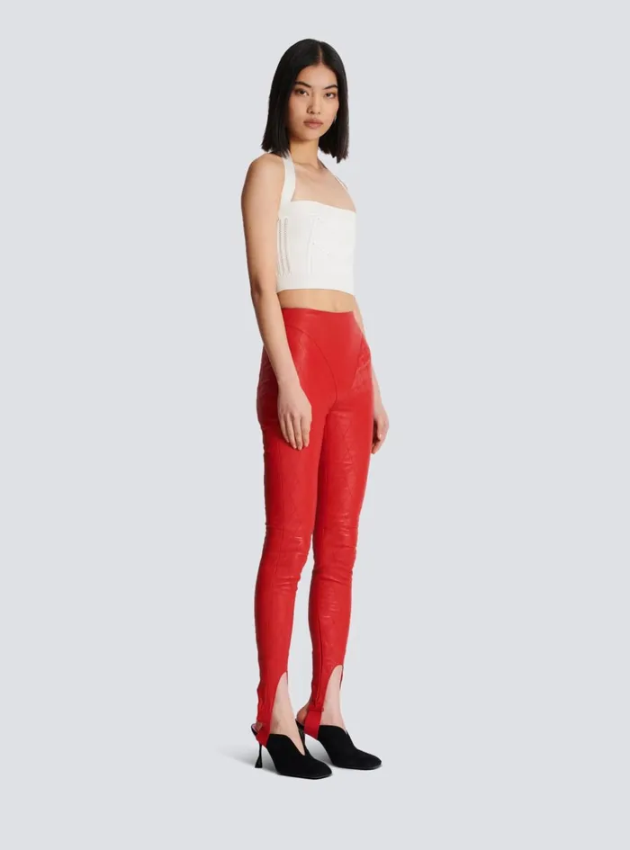 Topstitched Leather Leggings Red Women Balmain Trousers And Shorts