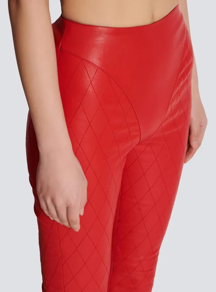 Topstitched Leather Leggings Red Women Balmain Trousers And Shorts