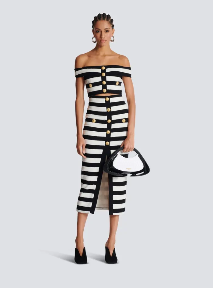 Twotone Buttoned Knit Midi Skirt Black Women Balmain Skirts