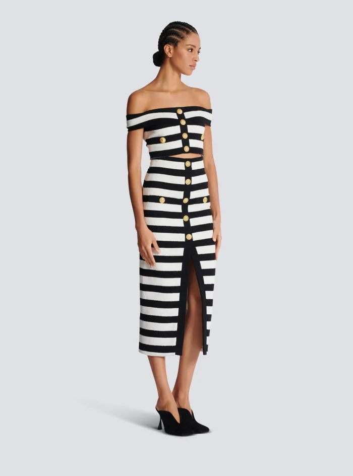 Twotone Buttoned Knit Midi Skirt Black Women Balmain Skirts