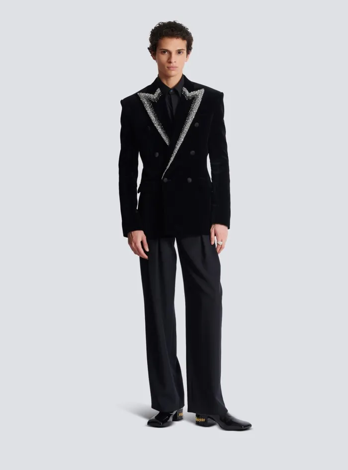 Velvet Jacket With Embroidered Collar Black Men Balmain Jackets And Blazers