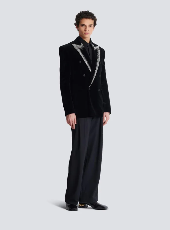 Velvet Jacket With Embroidered Collar Black Men Balmain Jackets And Blazers
