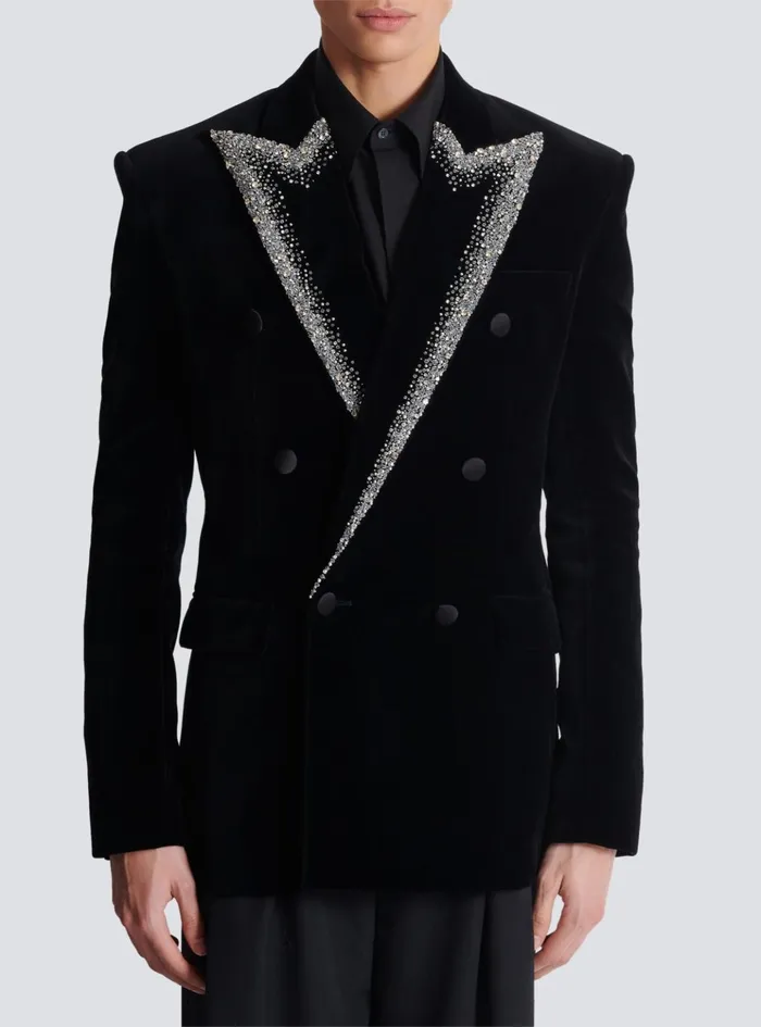 Velvet Jacket With Embroidered Collar Black Men Balmain Jackets And Blazers