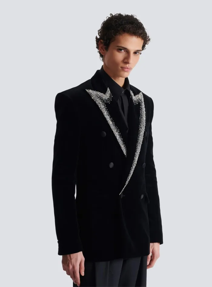 Velvet Jacket With Embroidered Collar Black Men Balmain Jackets And Blazers