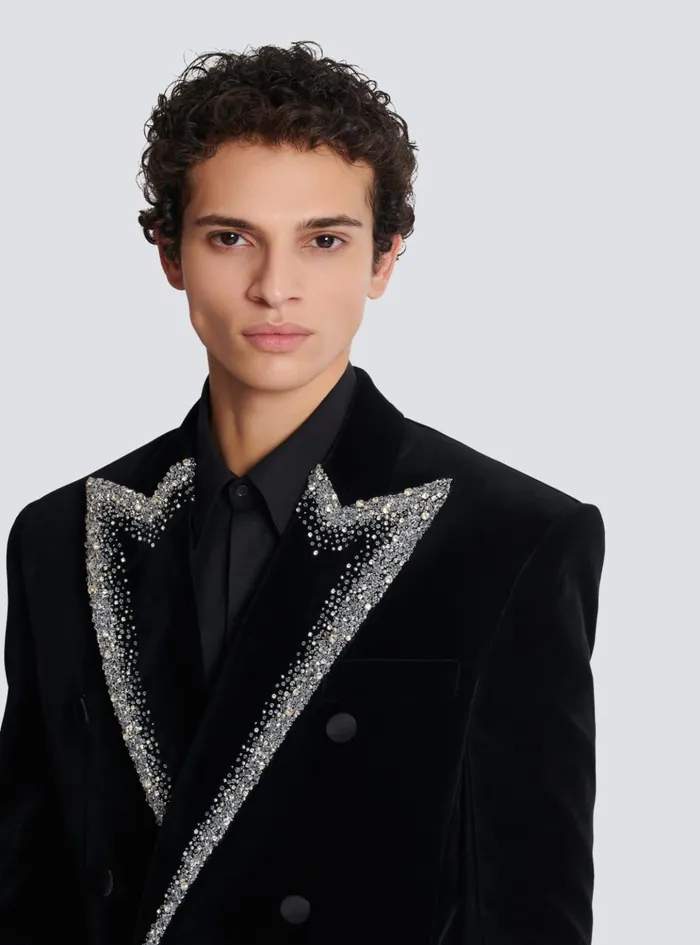 Velvet Jacket With Embroidered Collar Black Men Balmain Jackets And Blazers