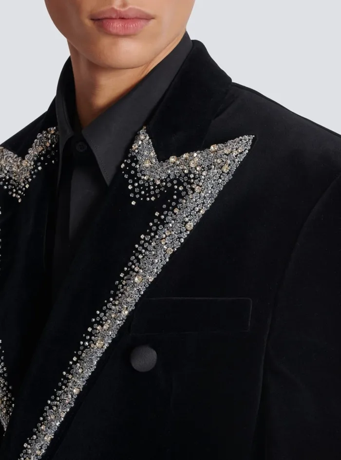 Velvet Jacket With Embroidered Collar Black Men Balmain Jackets And Blazers