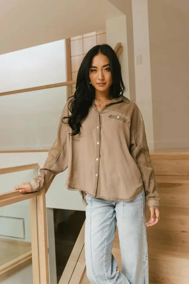 Victoria Contrast Button Up In Mocha Mocha Women Bohme Tees and Tanks