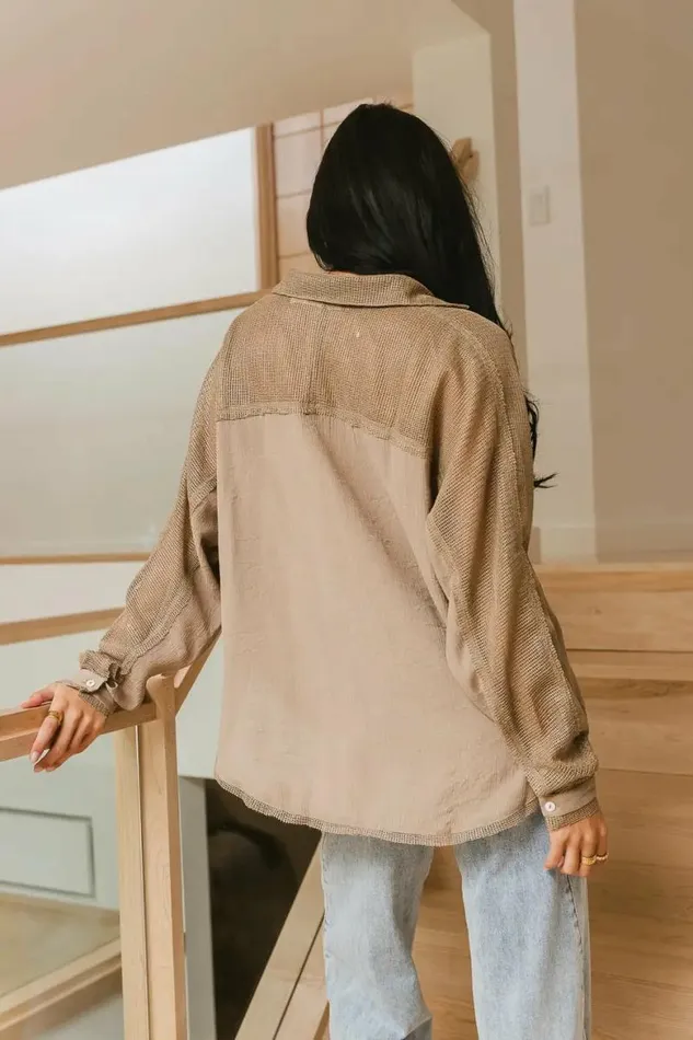 Victoria Contrast Button Up In Mocha Mocha Women Bohme Tees and Tanks