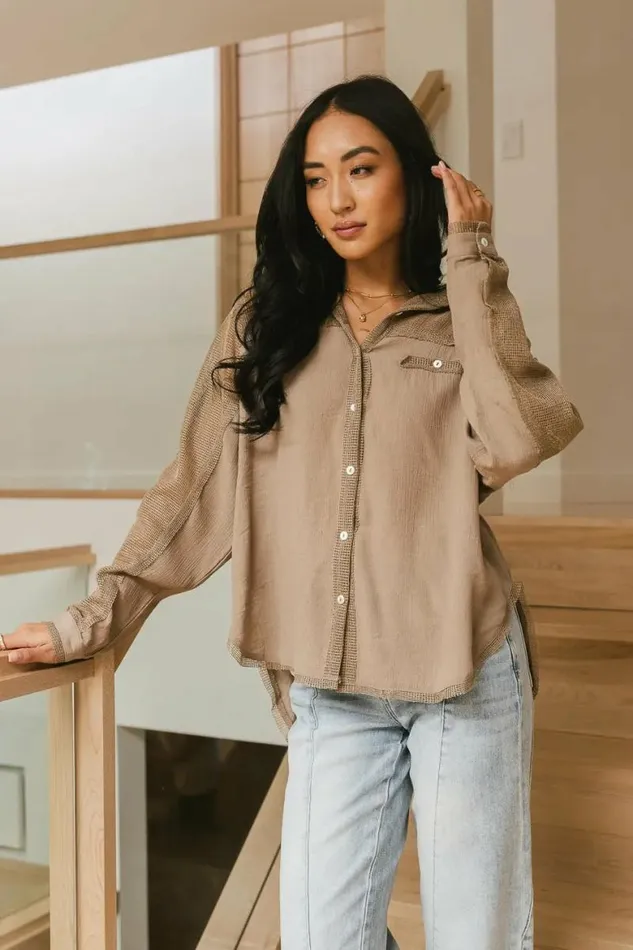 Victoria Contrast Button Up In Mocha Mocha Women Bohme Tees and Tanks