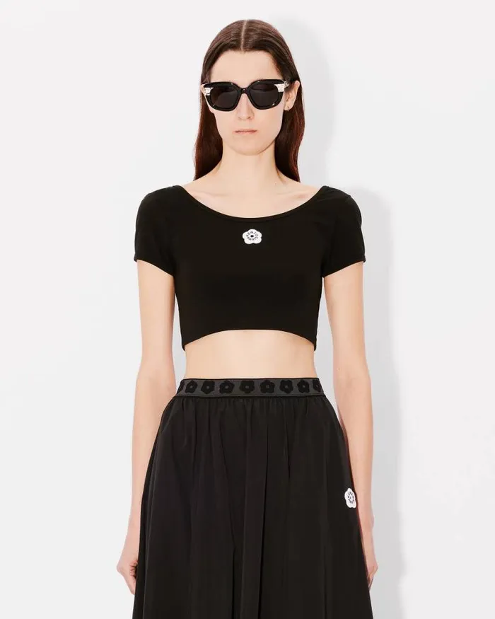 Women 039Boke Flower 20039 Embroidered Backless Cropped Top Black Kenzo Tshirts And Polos