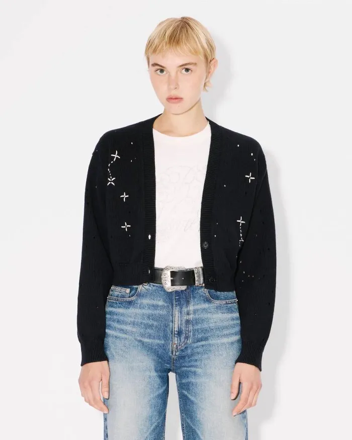 Women 039KENZO Constellation039 Embroidered Cropped Cardigan Black Kenzo Sweaters And Cardigans