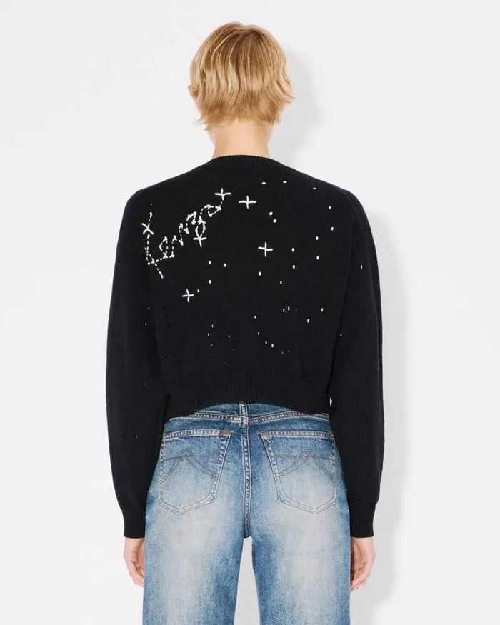 Women 039KENZO Constellation039 Embroidered Cropped Cardigan Black Kenzo Sweaters And Cardigans