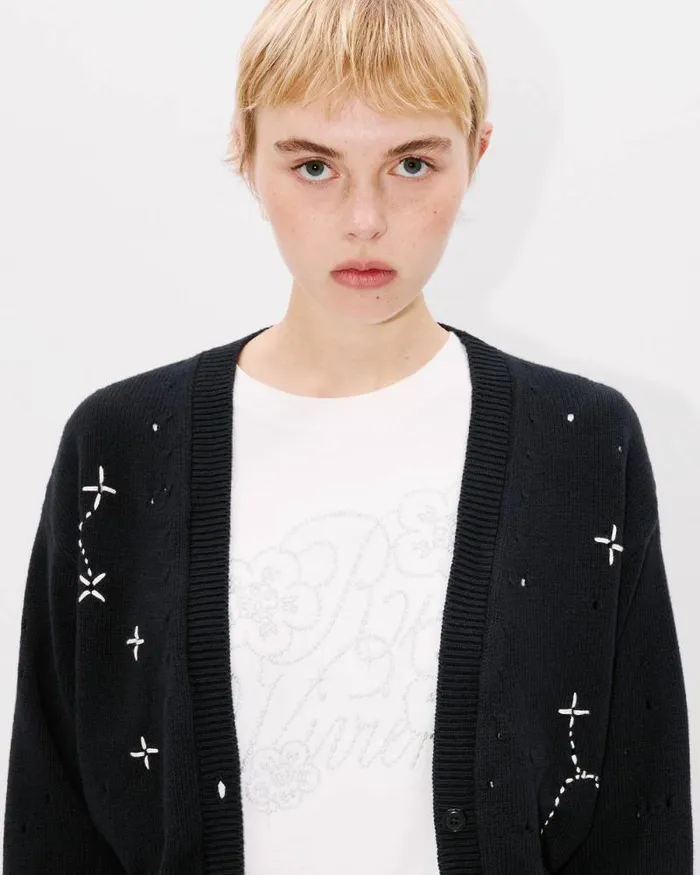Women 039KENZO Constellation039 Embroidered Cropped Cardigan Black Kenzo Sweaters And Cardigans