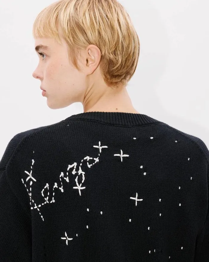 Women 039KENZO Constellation039 Embroidered Cropped Cardigan Black Kenzo Sweaters And Cardigans