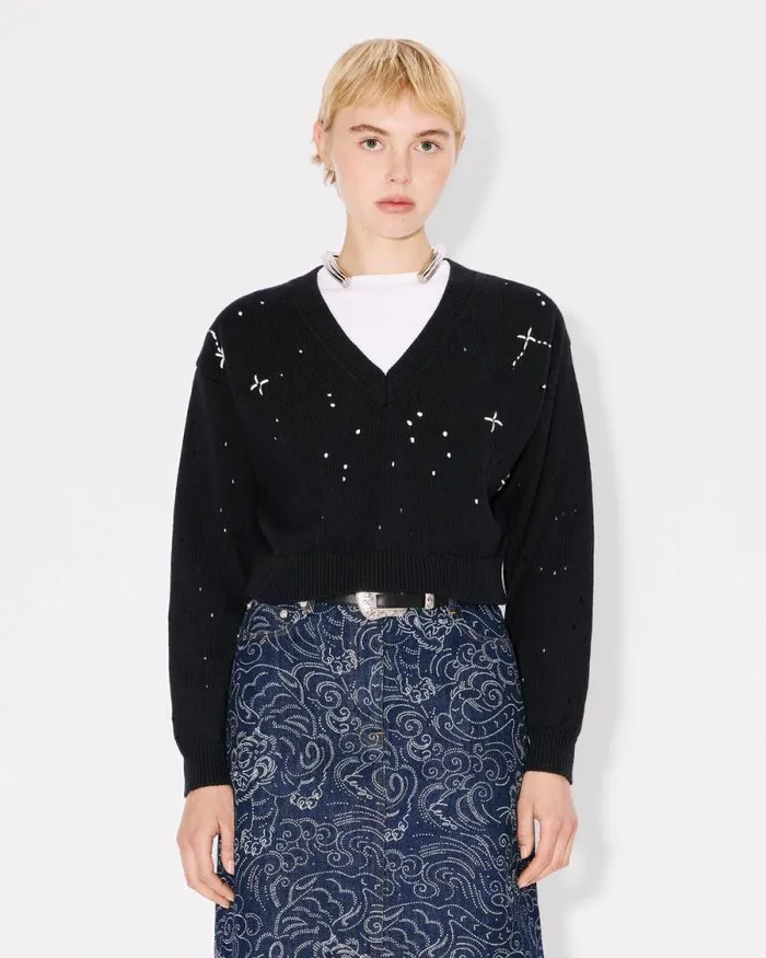 Women 039KENZO Constellation039 Embroidered Cropped Jumper Black Kenzo Sweaters And Cardigans
