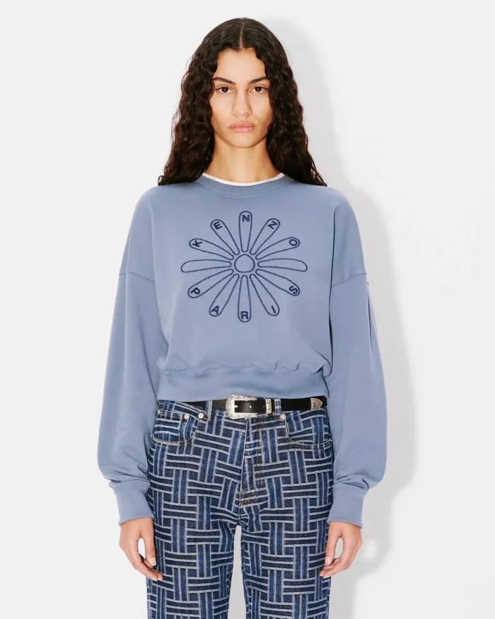 Women 039KENZO Marguerite039 Embroidered Cropped Sweatshirt In Cotton Blue Kenzo Sweatshirts And Hoodies