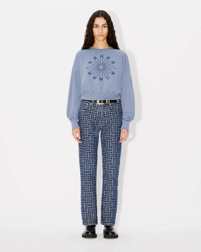 Women 039KENZO Marguerite039 Embroidered Cropped Sweatshirt In Cotton Blue Kenzo Sweatshirts And Hoodies
