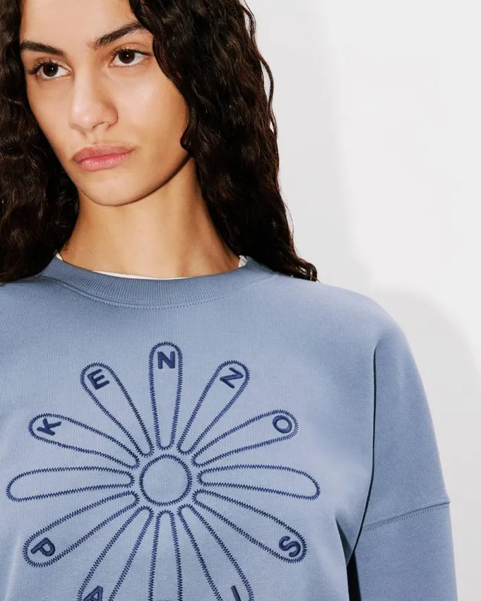 Women 039KENZO Marguerite039 Embroidered Cropped Sweatshirt In Cotton Blue Kenzo Sweatshirts And Hoodies