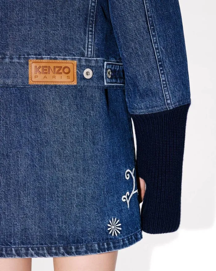 Women 039KENZO Marguerite039 Embroidered Trucker Jacket In Japanese Denim And Ribbed Wool Medium Stone Blue Denim Kenzo Jackets And Coats