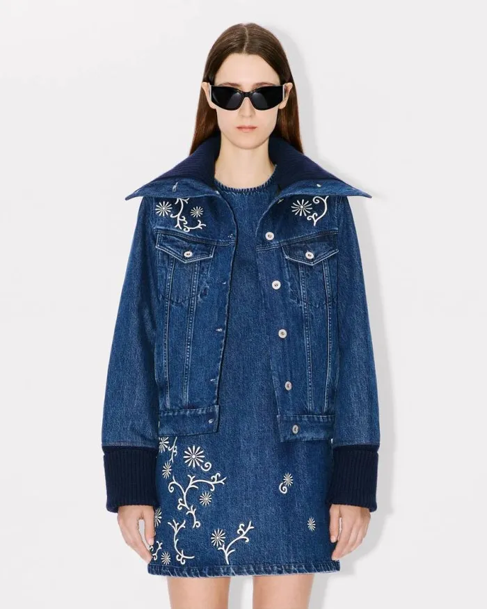 Women 039KENZO Marguerite039 Embroidered Trucker Jacket In Japanese Denim And Ribbed Wool Medium Stone Blue Denim Kenzo Jackets And Coats