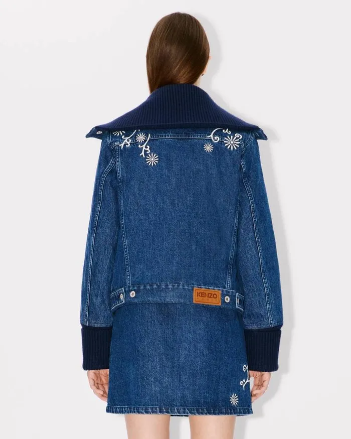 Women 039KENZO Marguerite039 Embroidered Trucker Jacket In Japanese Denim And Ribbed Wool Medium Stone Blue Denim Kenzo Jackets And Coats