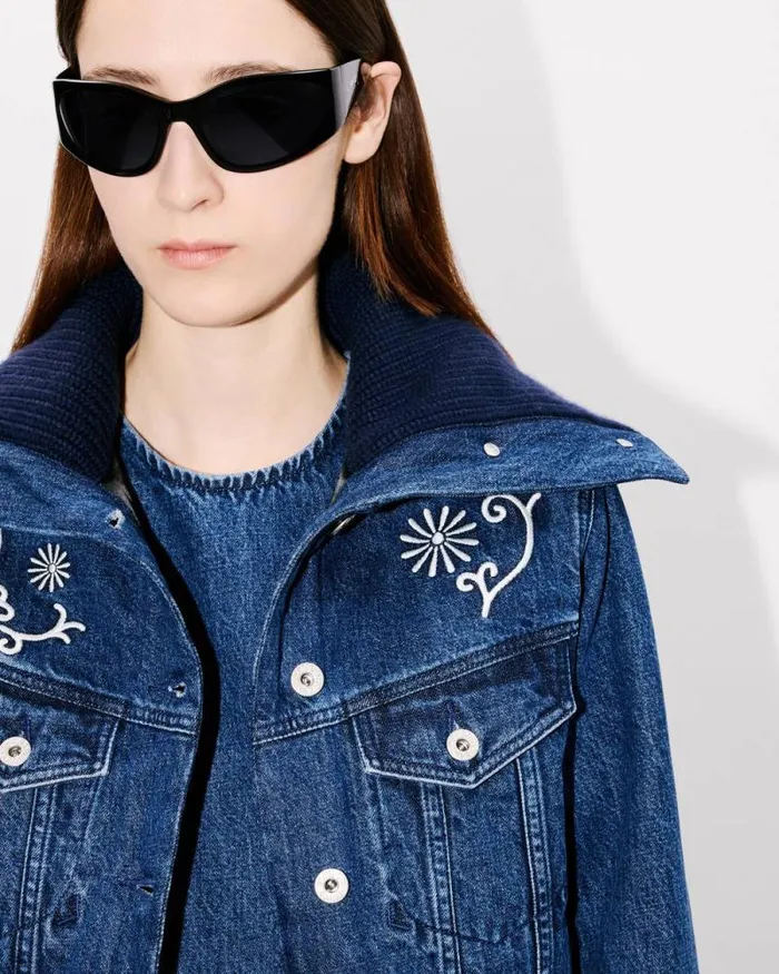 Women 039KENZO Marguerite039 Embroidered Trucker Jacket In Japanese Denim And Ribbed Wool Medium Stone Blue Denim Kenzo Jackets And Coats