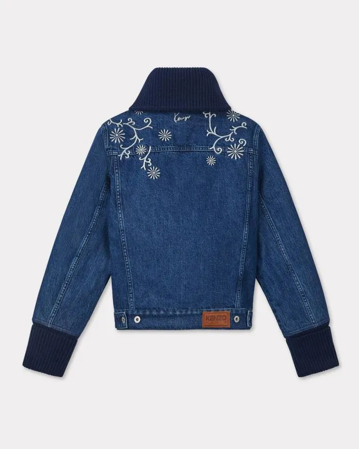 Women 039KENZO Marguerite039 Embroidered Trucker Jacket In Japanese Denim And Ribbed Wool Medium Stone Blue Denim Kenzo Jackets And Coats
