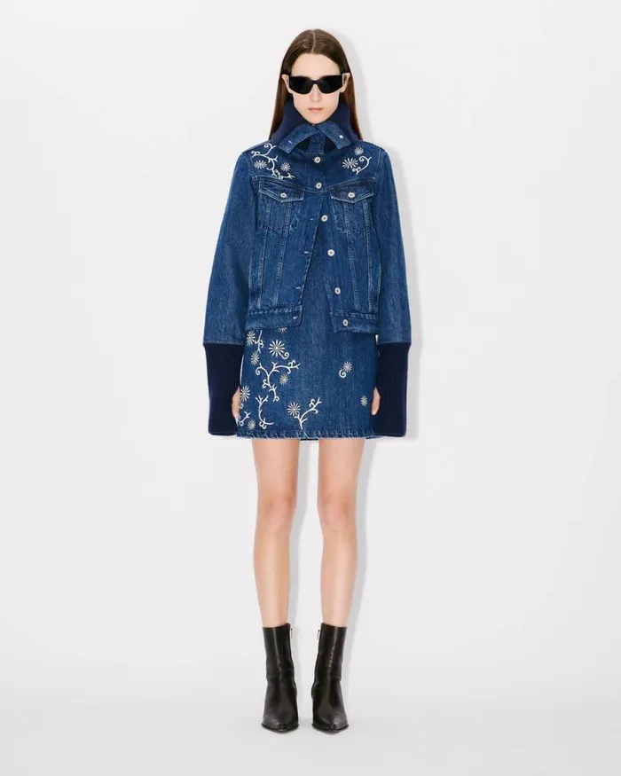Women 039KENZO Marguerite039 Embroidered Trucker Jacket In Japanese Denim And Ribbed Wool Medium Stone Blue Denim Kenzo Jackets And Coats
