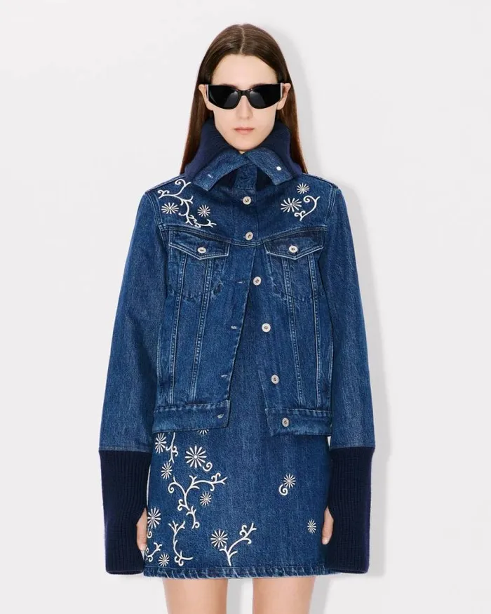 Women 039KENZO Marguerite039 Embroidered Trucker Jacket In Japanese Denim And Ribbed Wool Medium Stone Blue Denim Kenzo Jackets And Coats