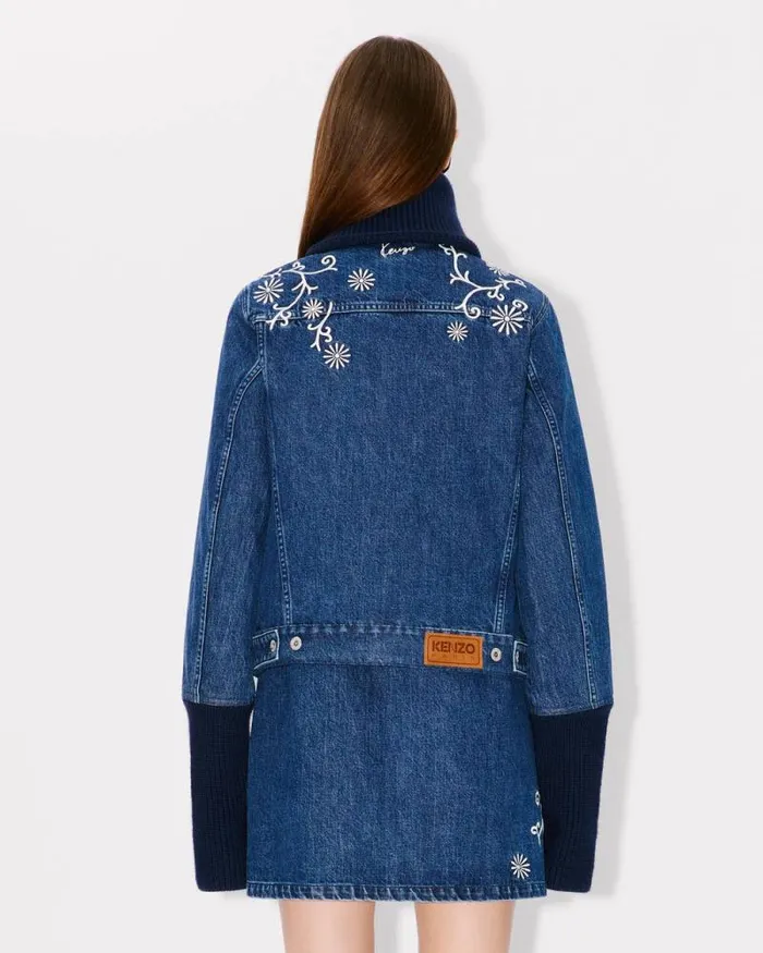 Women 039KENZO Marguerite039 Embroidered Trucker Jacket In Japanese Denim And Ribbed Wool Medium Stone Blue Denim Kenzo Jackets And Coats