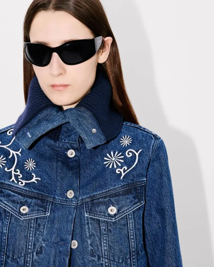 Women 039KENZO Marguerite039 Embroidered Trucker Jacket In Japanese Denim And Ribbed Wool Medium Stone Blue Denim Kenzo Jackets And Coats