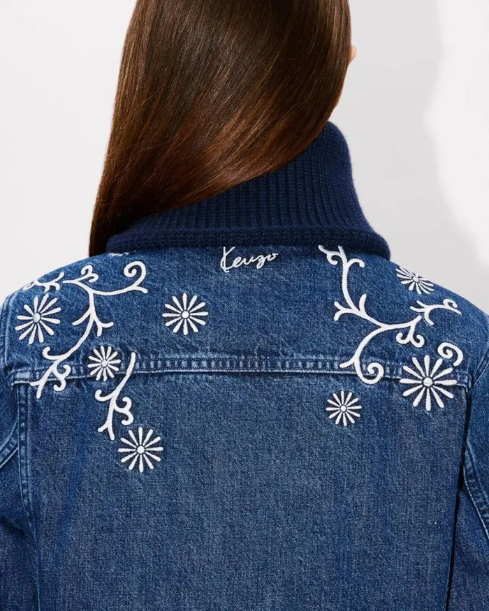 Women 039KENZO Marguerite039 Embroidered Trucker Jacket In Japanese Denim And Ribbed Wool Medium Stone Blue Denim Kenzo Jackets And Coats