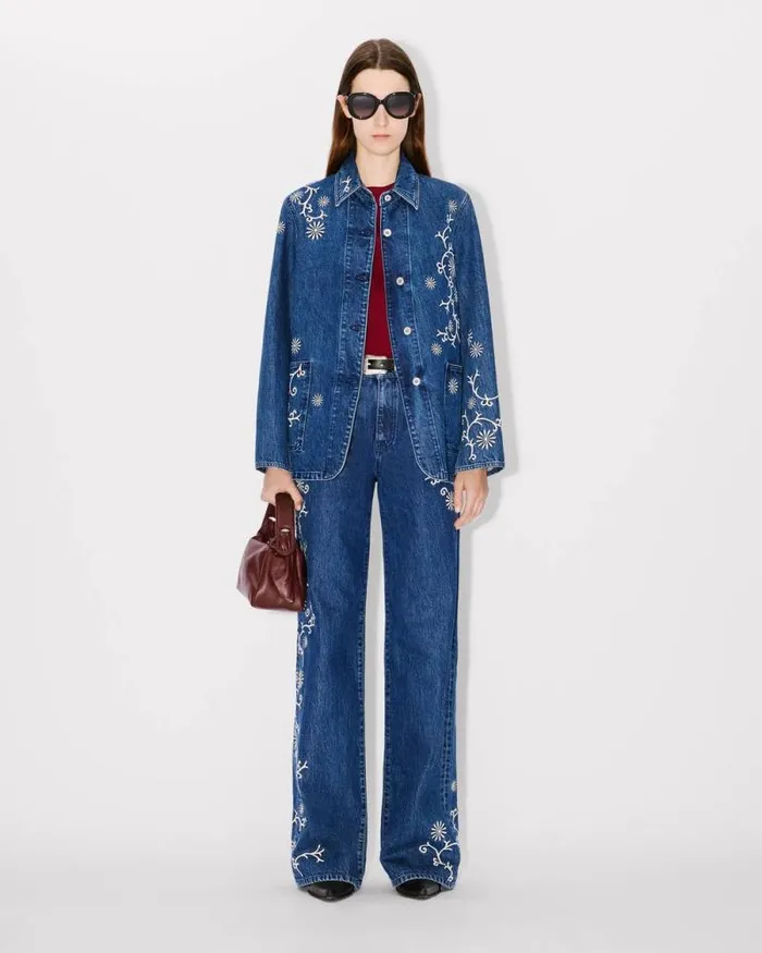 Women 039KENZO Marguerite039 Embroidered Workwear Jacket In Japanese Denim Medium Stone Blue Denim Kenzo Jackets And Coats