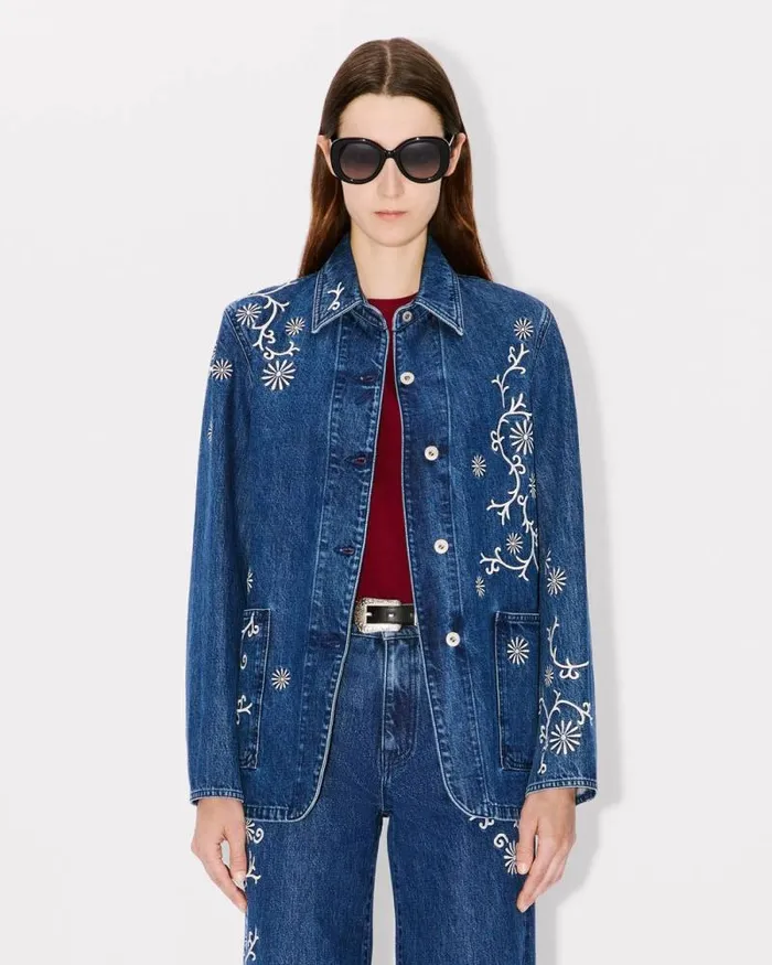 Women 039KENZO Marguerite039 Embroidered Workwear Jacket In Japanese Denim Medium Stone Blue Denim Kenzo Jackets And Coats