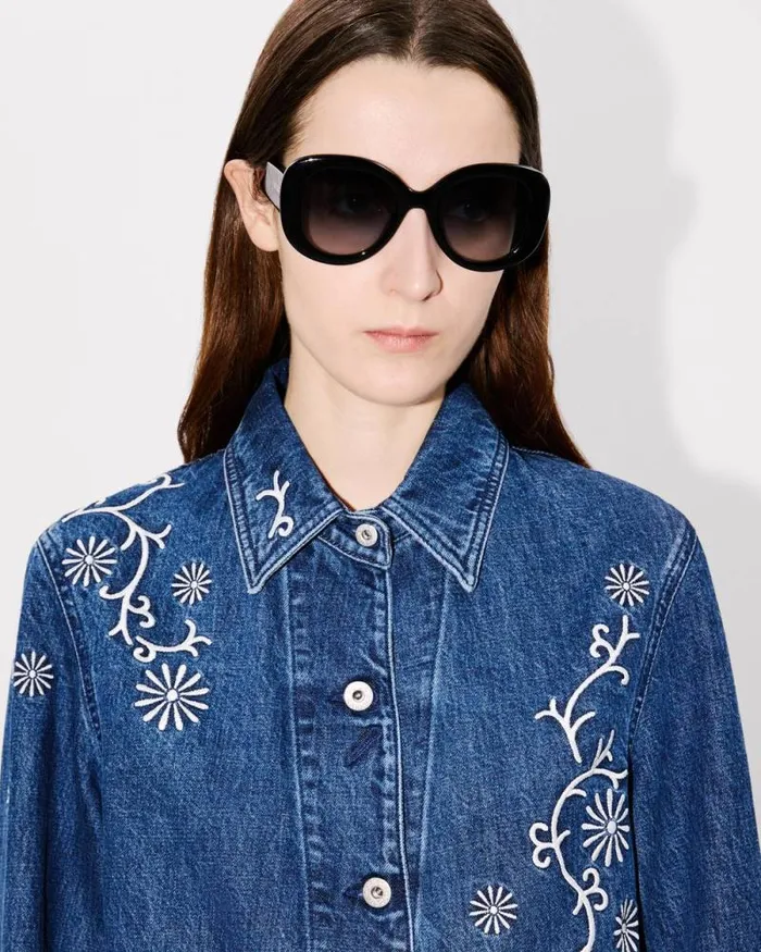 Women 039KENZO Marguerite039 Embroidered Workwear Jacket In Japanese Denim Medium Stone Blue Denim Kenzo Jackets And Coats