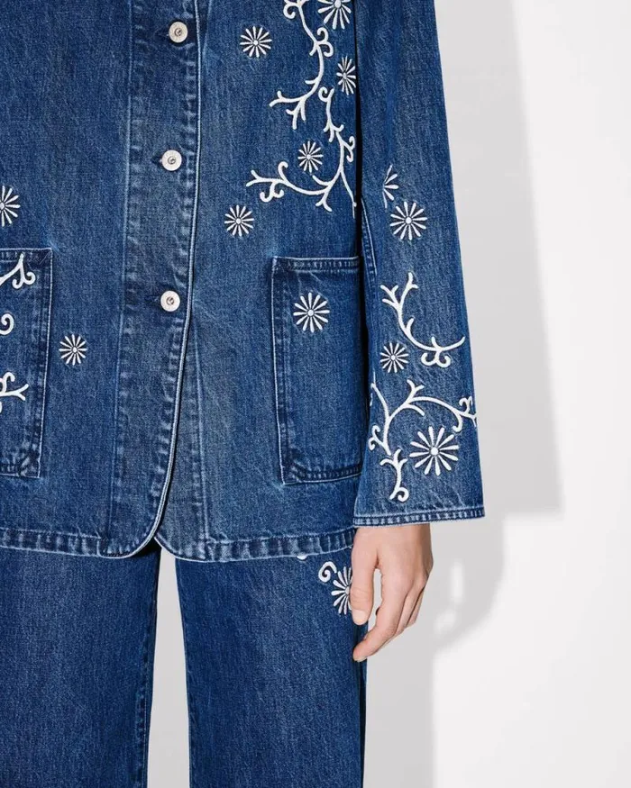 Women 039KENZO Marguerite039 Embroidered Workwear Jacket In Japanese Denim Medium Stone Blue Denim Kenzo Jackets And Coats