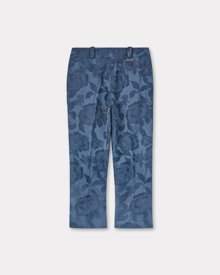 Women 039KENZO Peonies039 Cropped Pants In Cotton Linen Jacquard Blue Kenzo Tailoring