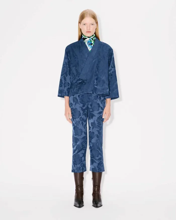 Women 039KENZO Peonies039 Cropped Pants In Cotton Linen Jacquard Blue Kenzo Tailoring