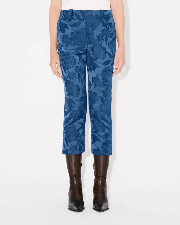 Women 039KENZO Peonies039 Cropped Pants In Cotton Linen Jacquard Blue Kenzo Tailoring