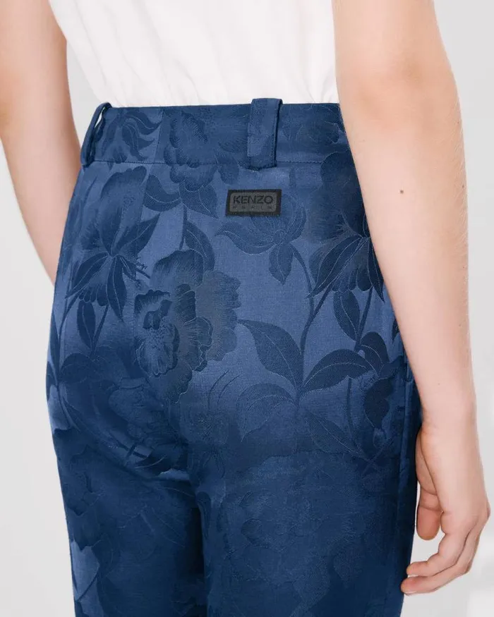 Women 039KENZO Peonies039 Cropped Pants In Cotton Linen Jacquard Blue Kenzo Tailoring